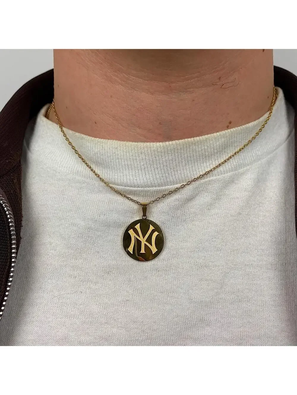 Y2k 2000s New York Yankees Circle Pendant Stainless Steel Gold Plated necklace.